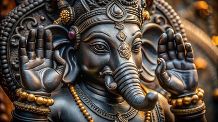 Fototapeta premium Intricate Detail of a Black Ganesha Statue in Documentary Style Photography for Cultural Heritage