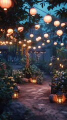 Lantern-lit garden party in twilight, 4K hyperrealistic photo