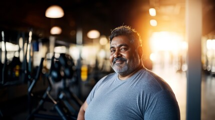 Obraz premium Overweight person starts exercising concept. A happy plump Indian man at the gym ready to work out