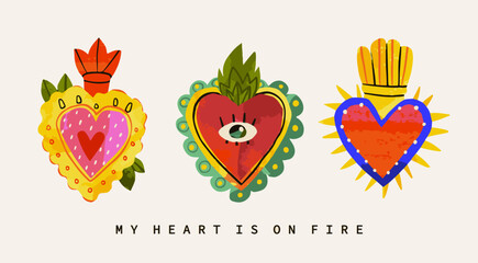 Various Sacred hearts. Three traditional colorful Mexican hearts. Cartoon style. Hand drawn trendy Vector illustration. Logo, icon, print template. Isolated design elements