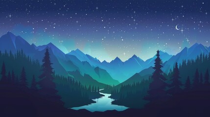 A serene night landscape with a full moon, stars, mountains, and a river flowing through a forest. The scene is tranquil and picturesque, highlighting the beauty of nature at night.