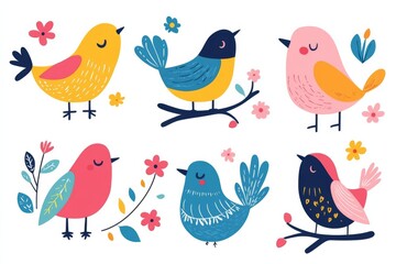 A set of colorful birds resting on a branch with flowers. The birds are of different colors and sizes, and they are all sleeping. The image has a peaceful and calming mood, as the birds are resting