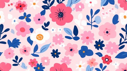 Fototapeta premium A colorful floral pattern with pink and blue flowers. The flowers are arranged in a way that creates a sense of movement and liveliness. Scene is cheerful and uplifting