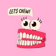 Jumping chattering Teeth. Cute funny character. Clockwork toy with eyes and teeth. Hand drawn trendy Vector illustration. Isolated design element. Icon, poster, logo, print, sticker template