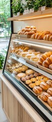 Bakery display with assorted fresh pastries on glass shelves.