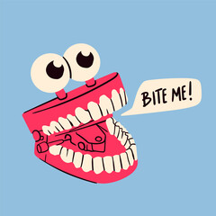 Jumping chattering Teeth. Cute funny character. Clockwork toy with eyes and teeth. Hand drawn trendy Vector illustration. Isolated design element. Icon, poster, logo, print, sticker template