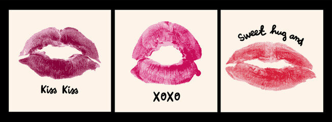 Woman lips imprints with text. Red, pink Lipstick Kiss. Trendy Vector illustration. Love, Valentine's day, romance, make up concept. Isolated design elements. Pre made cards