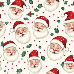 Vintage style hand drawn Santa Claus, leaves and Christmas candy seamless pattern for fabric, wrapping paper, stationery or print material.