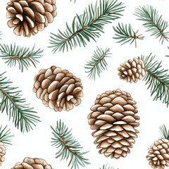 Fototapeta premium Watercolor Pine cone seamless pattern, watercolor illustration, Christmas background.