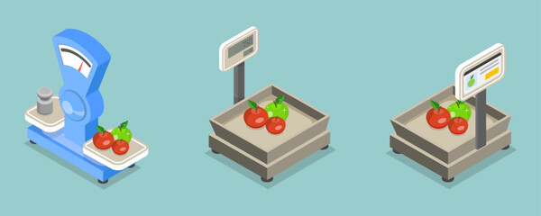 3D Isometric Flat Vector Illustration of Retail Scales, Analog and Digital Devices