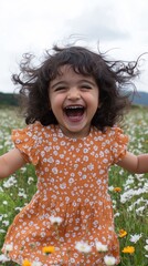 Joyful Child Laughing in a Flowering Field