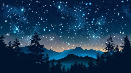 Obraz premium A serene night landscape with a full moon, stars, mountains, and a river flowing through a forest. The scene is tranquil and picturesque, highlighting the beauty of nature at night.