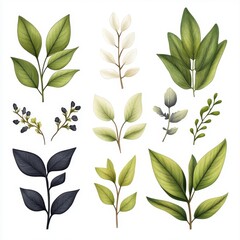 Watercolor Botanical Illustration with Green and Black Leaves  Branches  and Berries