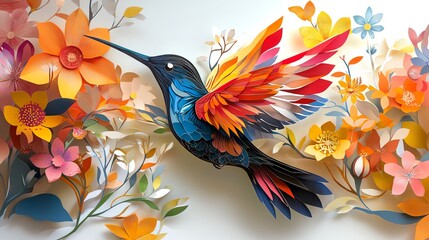 Obraz premium Paper cut hummingbird with layered wings and flowers, forming a dynamic and vibrant nature scene, paper cut hummingbird, layered wildlife design