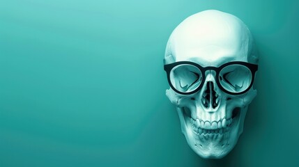 Human Skull Wearing Black Rimmed Glasses Against a Teal Background
