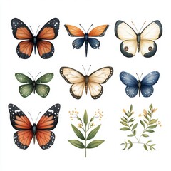 Watercolor Butterfly Clipart Set with Flowers and Leaves