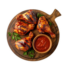 Grilled Peri Peri Chicken Drumsticks Served with Spicy Dipping Sauce on a Rustic Wooden Board