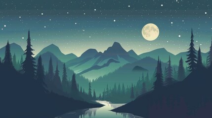 Fototapeta premium A serene night landscape with a full moon, stars, mountains, and a river flowing through a forest. The scene is tranquil and picturesque, highlighting the beauty of nature at night.