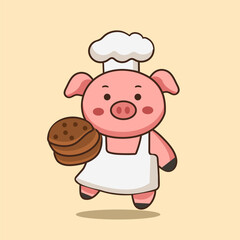 cute cartoon character pig is cooking cookies vector