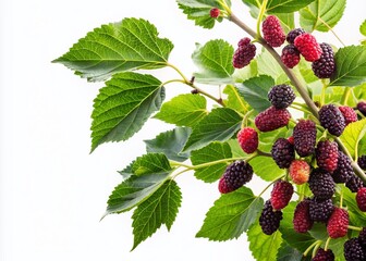 Isolated Mulberry Tree with Dark Berries on White Background for Fresh Fruit Imagery