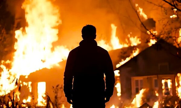 Person Watching House Engulfed in Flames