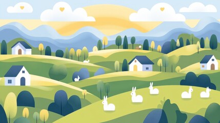 Fototapeta premium A cartoon drawing of a rural landscape with a large group of white rabbits. The scene is peaceful and serene, with a sense of calmness and tranquility. The houses in the background are small