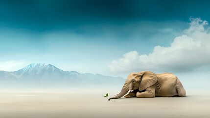 Fototapeta premium An elephant carcass in an open landscape, with a tiny leaf awkwardly placed on it, illustrating the idea of trying to hide a major scandal, Ultra-Realistic, Photo Realistic, 