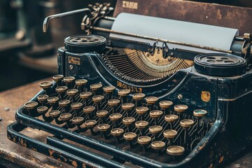 Vintage Black Typewriter with Gold Keys and Blank Paper