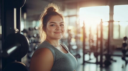 Overweight person starts exercising concept. A happy plump young woman at the gym ready to work out