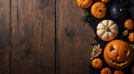 Halloween attributes on wooden background, top view, bright summer shades, free space in the center