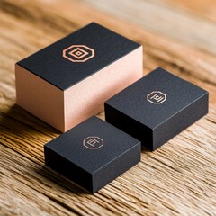 Black Gift Boxes With Gold Logo On Wooden Background