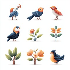 Obraz premium Cute Birds and Flowers Cartoon Illustration
