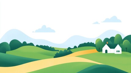 Fototapeta premium A peaceful countryside scene with a white house and trees. The sky is cloudy and the grass is green