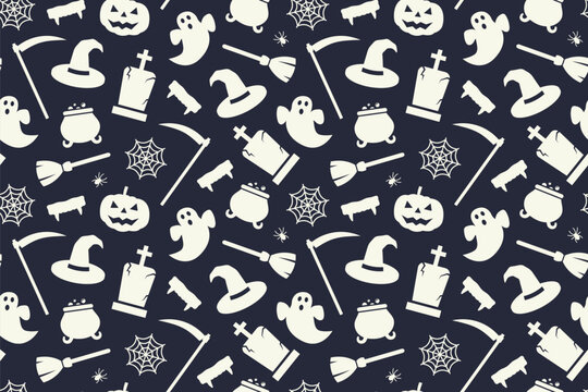 Halloween seamless pattern with Jack o lantern, ghost, spiderweb, spider, grave, broom, witch hat, cauldron and vampire fangs- vector illustration