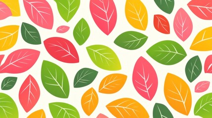 A colorful leaf pattern with a white background. The leaves are in various colors and sizes, creating a vibrant and lively atmosphere