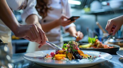 Chef carefully plating a gourmet salad with fresh ingredients.