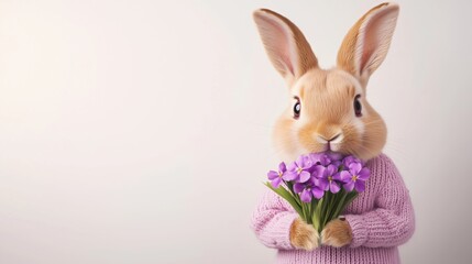 Obraz premium Rabbit in a sweater holding flowers, cute and whimsical atmosphere.