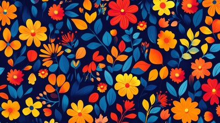 A colorful floral pattern with orange and yellow flowers. The flowers are arranged in a way that creates a sense of movement and depth. The blue background adds a sense of calmness. Overall
