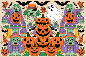 Vibrant Halloween Tattoo Design with Pumpkins Ghosts and Spooky Creatures