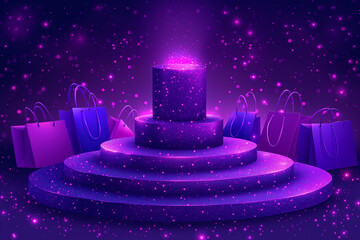 A purple background with a purple and blue pyramid with bags on top
