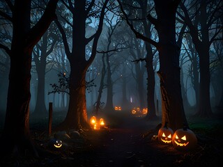 Haunting Halloween Night Mansion, Glowing Jack-o'-Lanterns, and Ghostly Figures