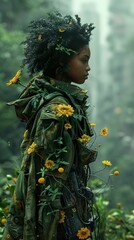 Woman with Flowers in a Lush Jungle Setting