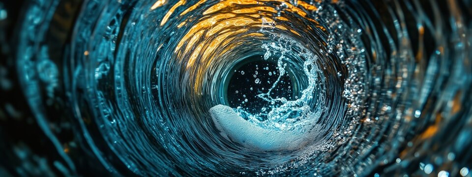 Captivating inside view of a water pipe during a cleaning process. The dynamic motion of water creates vibrant splashes and ripples, showcasing clarity and depth.