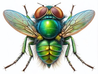 Large Green and Brown Fly with Blue Head on Transparent Background - Insect Close-Up Photography