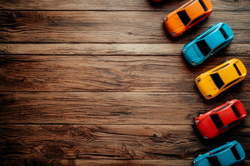 Obraz premium colorful toy cars on wooden background. Top view. Copy space