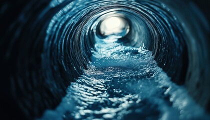 This image captures a close-up view of water flowing inside a pipe, showcasing the texture and clarity of the liquid as it travels through the tube.
