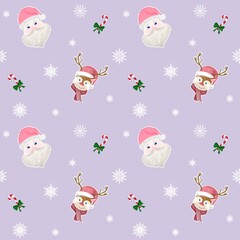 christmas seamless pattern with santa claus, deer, caramel cane and snowflakes