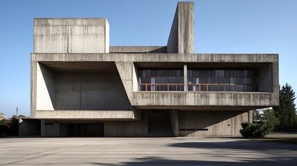 Obraz premium A modernist concrete building featuring geometric shapes, large windows, and a stark minimalist design against a clear blue sky.