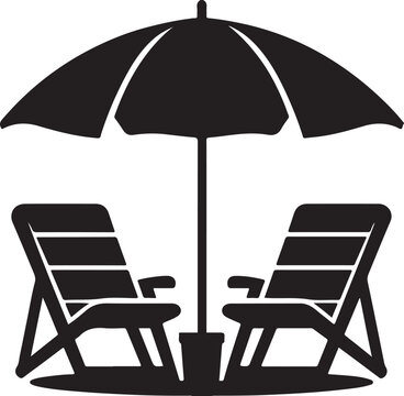 Two lounge chairs under an umbrella silhouette vector illustration