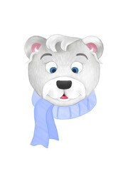 the head of a polar bear with a blue scarf